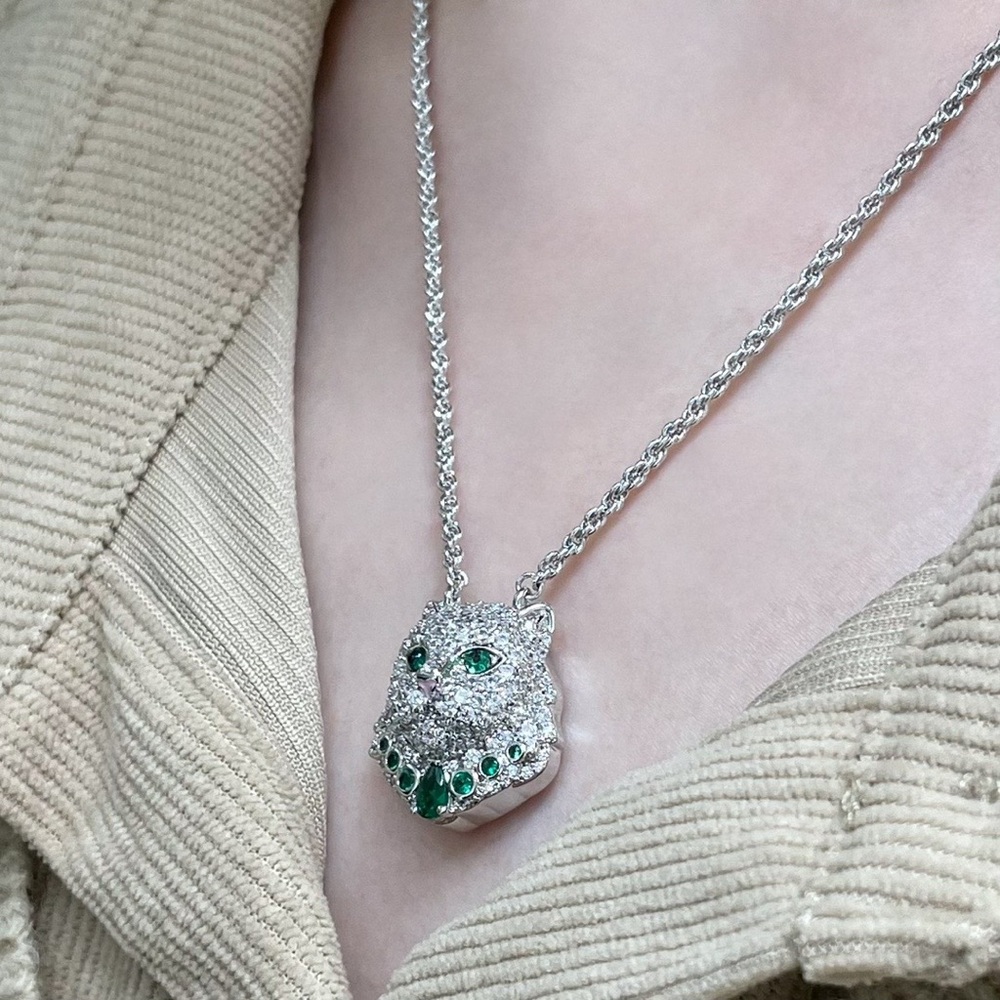 Silver-Tone Panther Pendant Necklace with Green Crystal Eyes